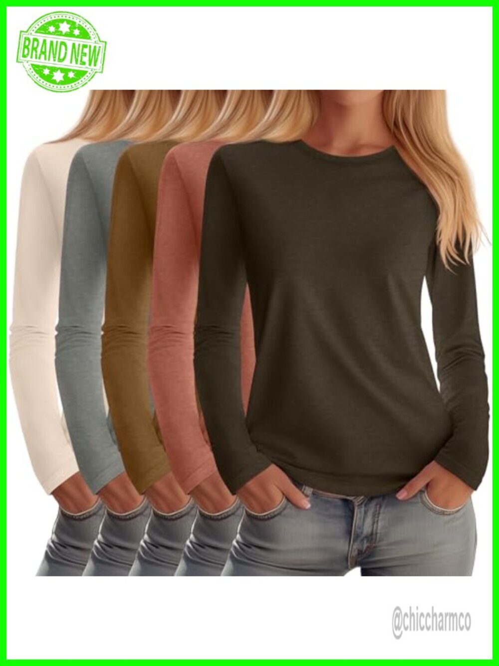 5 Pack Women's Crew Neck Long Sleeve Cotton Blend T-Shirts Regular Fit